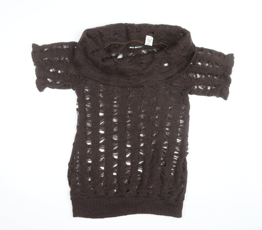 Miss Sixty Women Brown Open Knit Cowl Neck Short Sleeve Jumper Size M