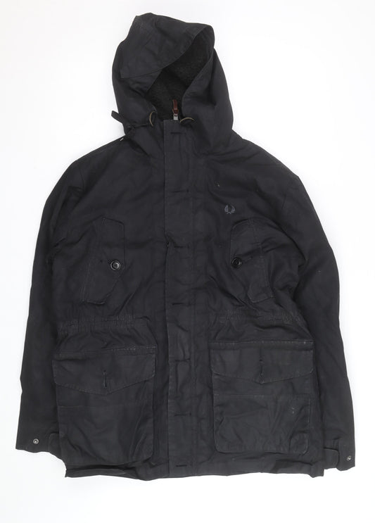 Fred Perry Men's Black Cotton Hooded Parka Jacket Size M