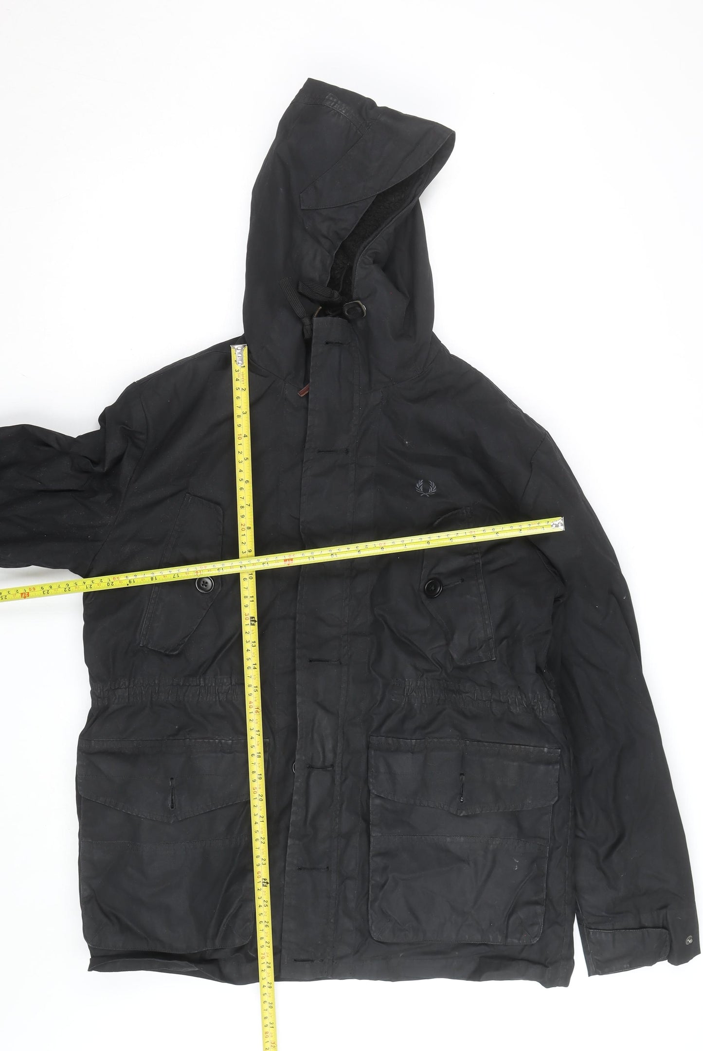 Fred Perry Men's Black Cotton Hooded Parka Jacket Size M