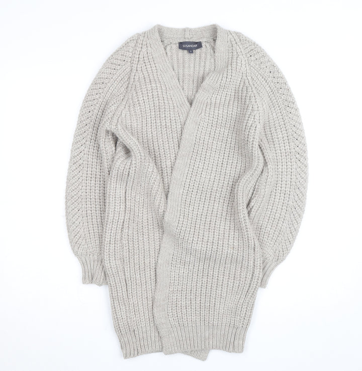 Sosandar Womens Beige Chunky Knit Long Cardigan Size S V-Neck
