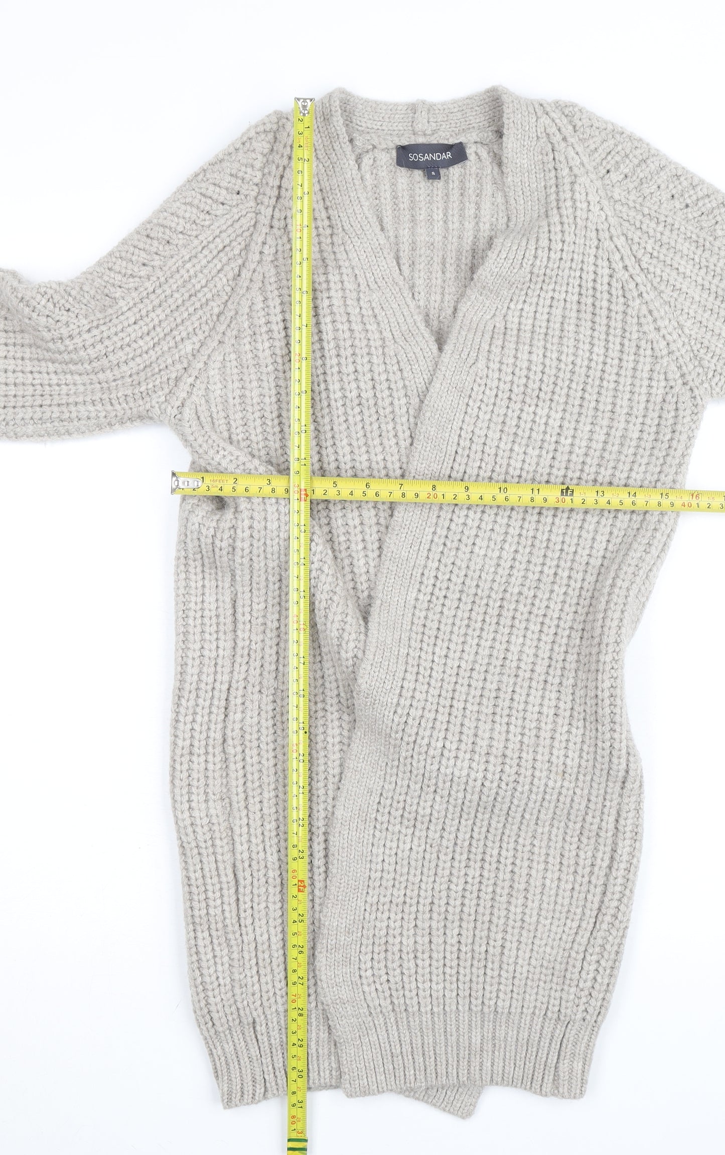 Sosandar Womens Beige Chunky Knit Long Cardigan Size S V-Neck