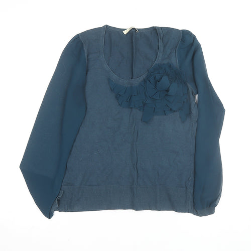 Oasis Women's Blue Ruffle Scoop Neck Long Sleeve Cotton Blouse Size M
