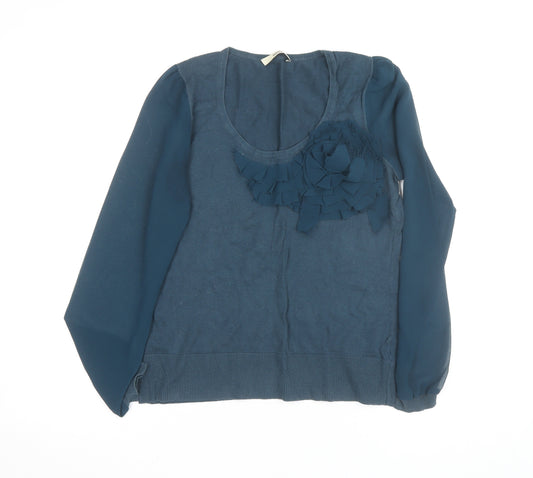 Oasis Women's Blue Ruffle Scoop Neck Long Sleeve Cotton Blouse Size M