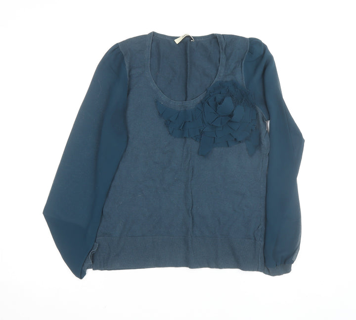 Oasis Women's Blue Ruffle Scoop Neck Long Sleeve Cotton Blouse Size M