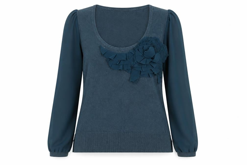 Front view of Oasis Women's Blue Ruffle Scoop Neck Long Sleeve Cotton Blouse, size M