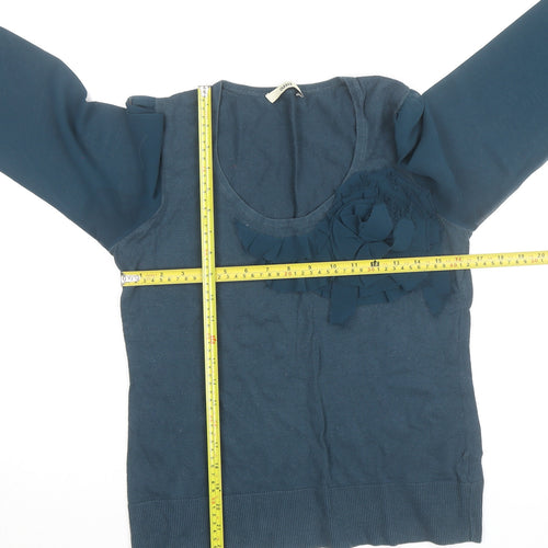 Oasis Women's Blue Ruffle Scoop Neck Long Sleeve Cotton Blouse Size M