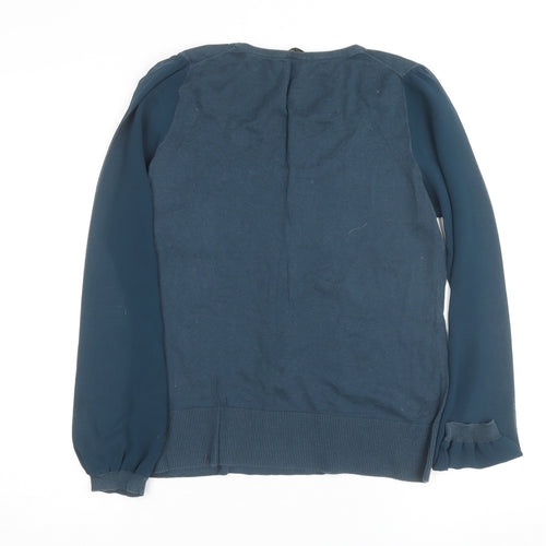 Oasis Women's Blue Ruffle Scoop Neck Long Sleeve Cotton Blouse Size M