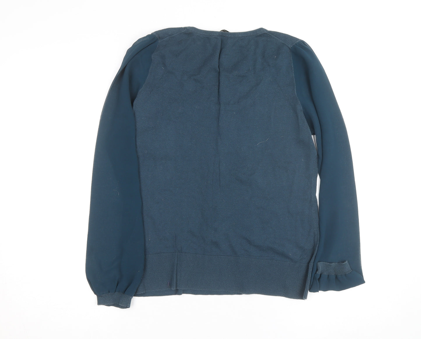Oasis Women's Blue Ruffle Scoop Neck Long Sleeve Cotton Blouse Size M