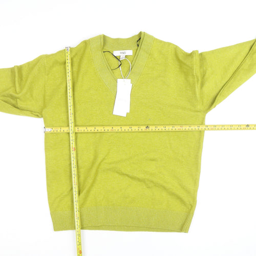 Marks and Spencer Women's Green V-Neck Cotton Blend Jumper Size S