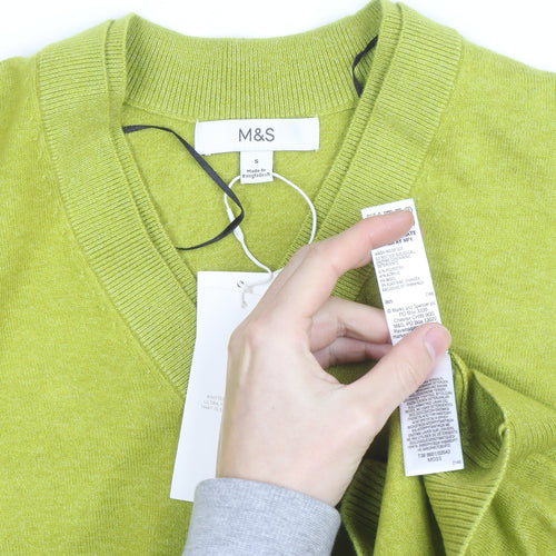 Marks and Spencer Women's Green V-Neck Cotton Blend Jumper Size S