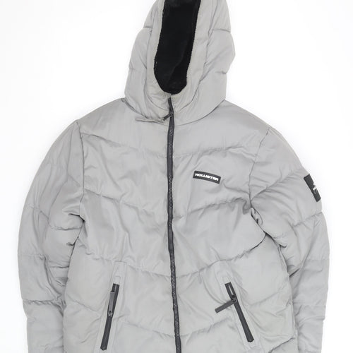 Hollister Men’s Grey Hooded Puffer Jacket L Warm Winter Casual Coat