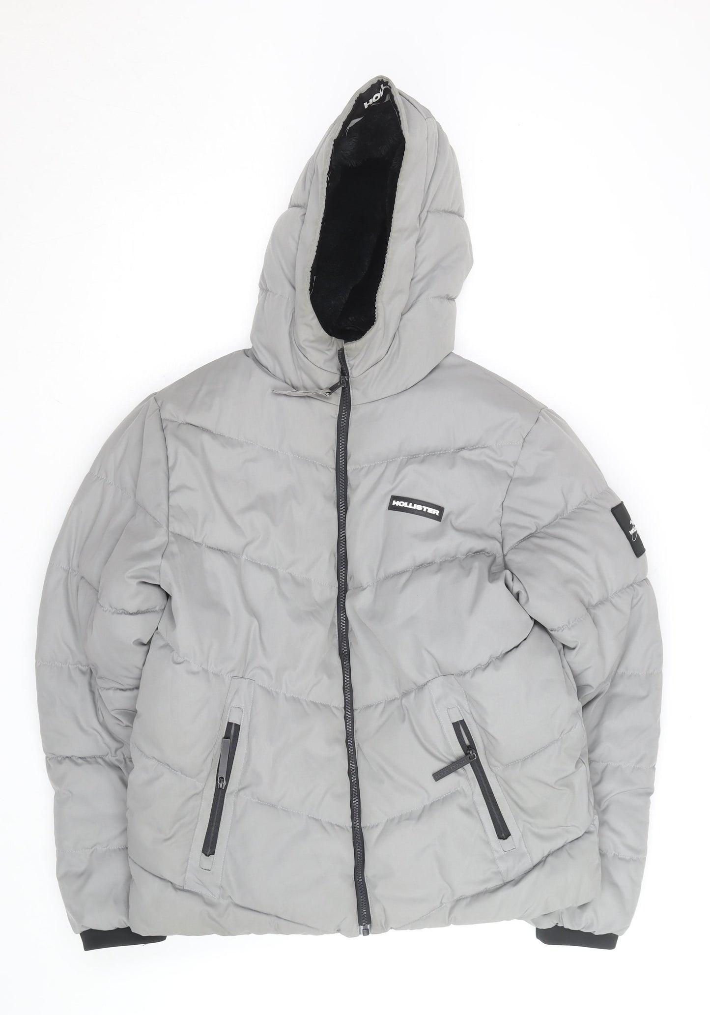 Hollister Men’s Grey Hooded Puffer Jacket L Warm Winter Casual Coat