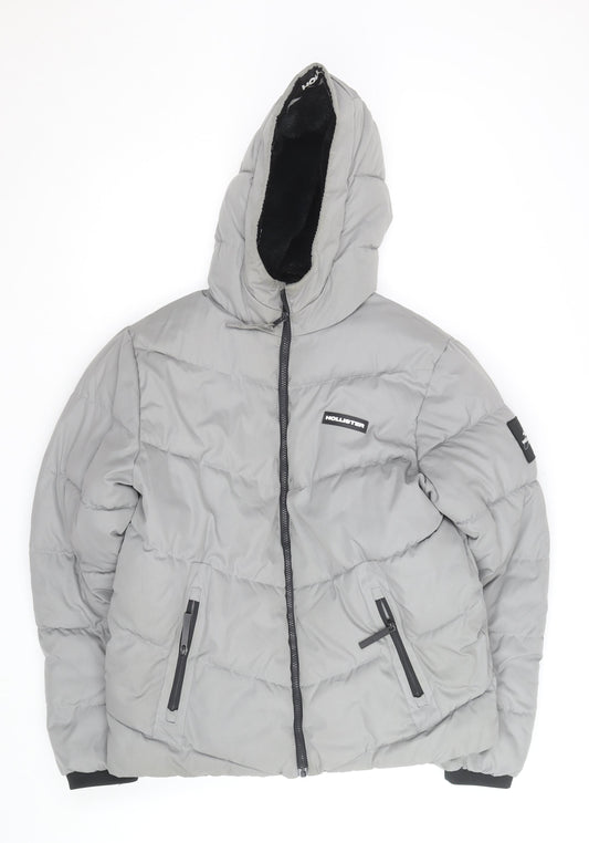 Hollister Men’s Grey Hooded Puffer Jacket L Warm Winter Casual Coat