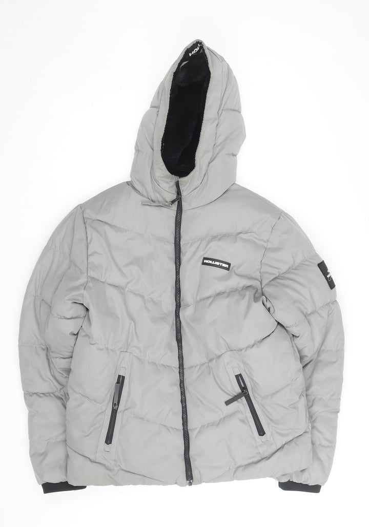 Hollister Men’s Grey Hooded Puffer Jacket L Warm Winter Casual Coat