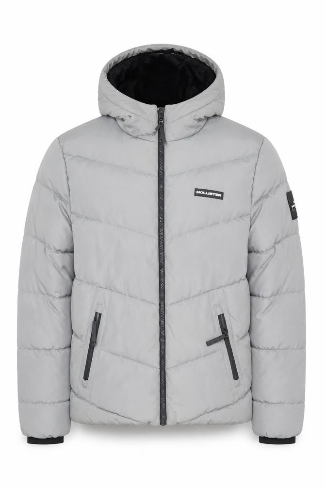 Hollister Men’s Grey Hooded Puffer Jacket L Warm Winter Casual Coat