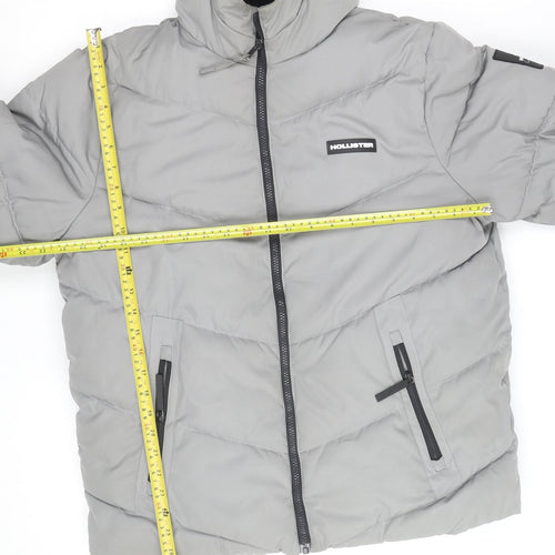 Hollister Men’s Grey Hooded Puffer Jacket L Warm Winter Casual Coat