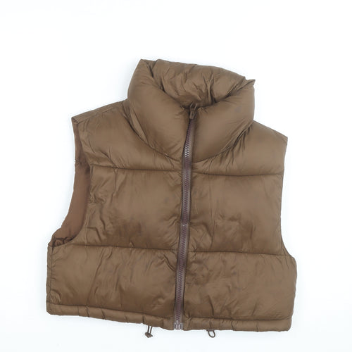 Stradivarius Women Brown XS Puffer Waistcoat Lightweight Cropped Zip