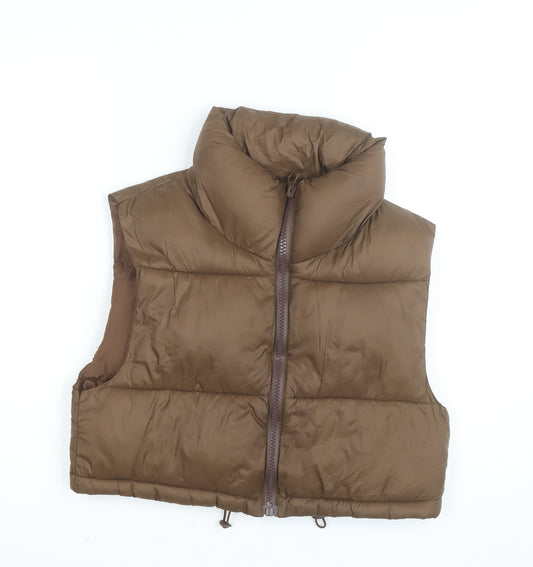 Stradivarius Women Brown XS Puffer Waistcoat Lightweight Cropped Zip