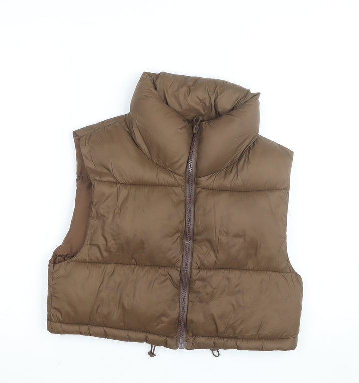 Stradivarius Women Brown XS Puffer Waistcoat Lightweight Cropped Zip