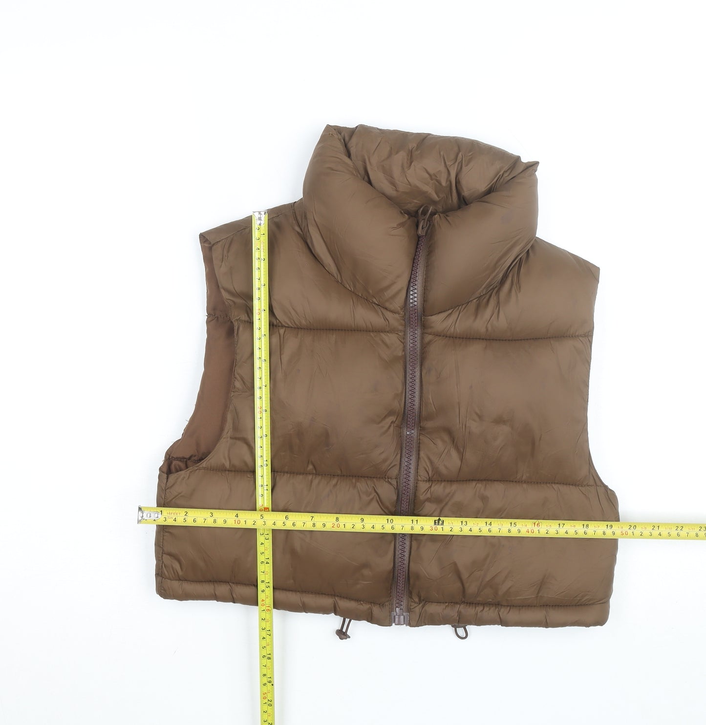 Stradivarius Women Brown XS Puffer Waistcoat Lightweight Cropped Zip
