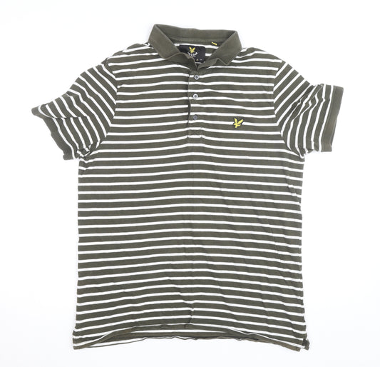 Lyle & Scott Mens Khaki White Striped Polo Shirt XL Short Sleeve