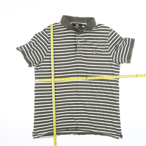 Lyle & Scott Mens Khaki White Striped Polo Shirt XL Short Sleeve