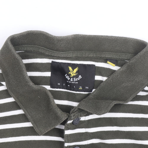 Lyle & Scott Mens Khaki White Striped Polo Shirt XL Short Sleeve