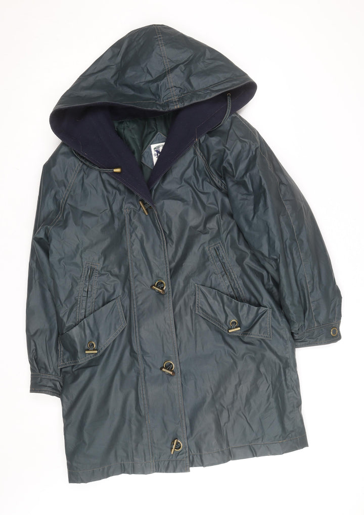 Nuage Women's Green Hooded Long Rain Coat Size 12 Waterproof Toggle Style
