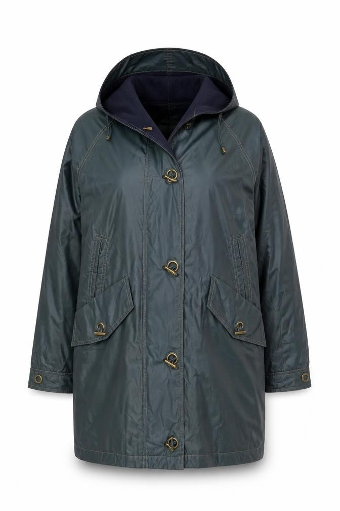Front view of Nuage Women's Green Hooded Long Rain Coat, size 12, Waterproof Toggle Style