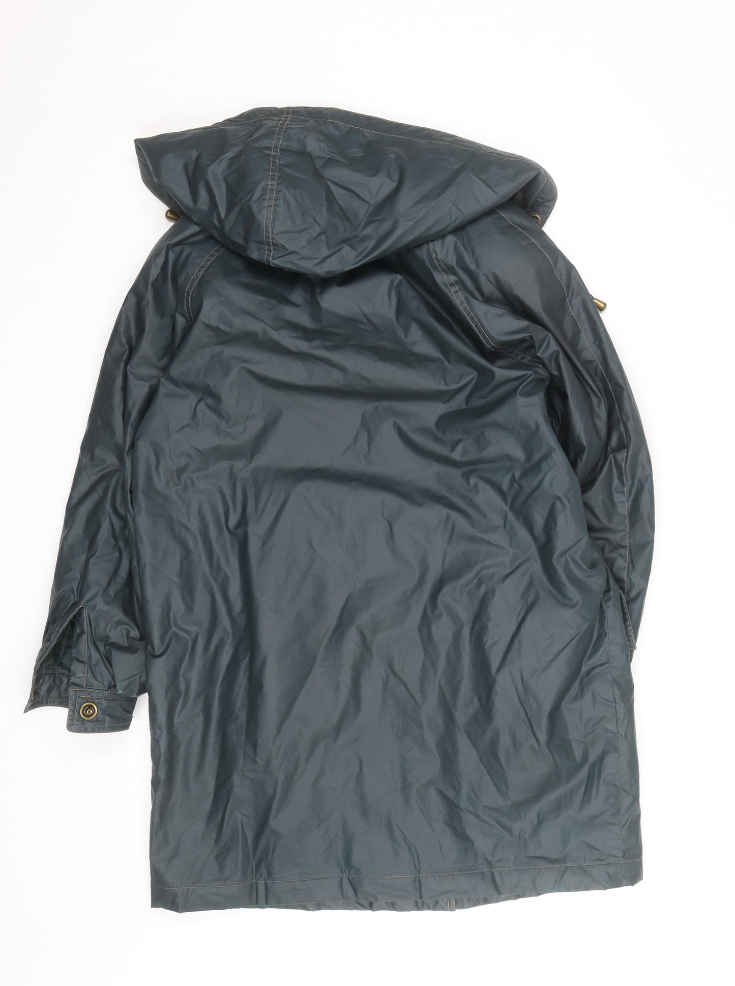 Nuage Women's Green Hooded Long Rain Coat Size 12 Waterproof Toggle Style
