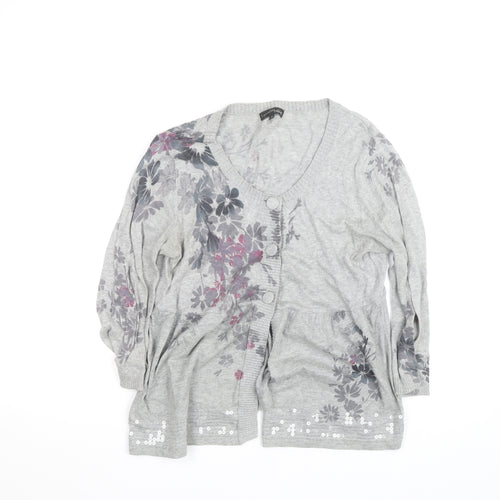 Next Women’s Grey Floral Sequin Cardigan Size 14 V-Neck Knit