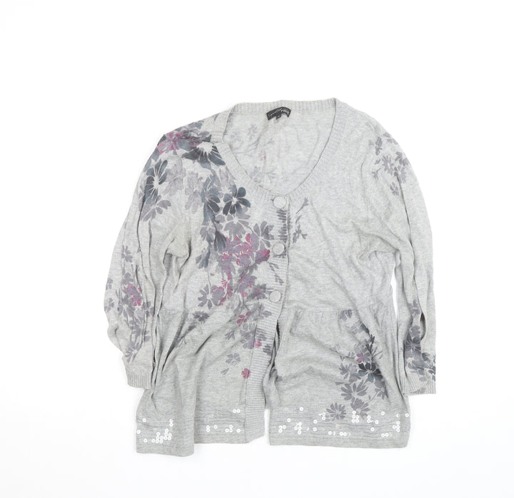 Next Women’s Grey Floral Sequin Cardigan Size 14 V-Neck Knit