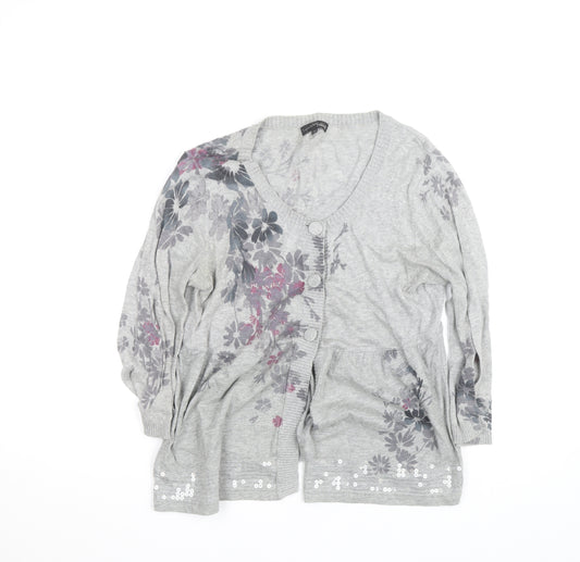 Next Women’s Grey Floral Sequin Cardigan Size 14 V-Neck Knit