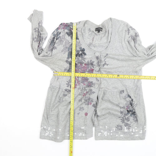 Next Women’s Grey Floral Sequin Cardigan Size 14 V-Neck Knit