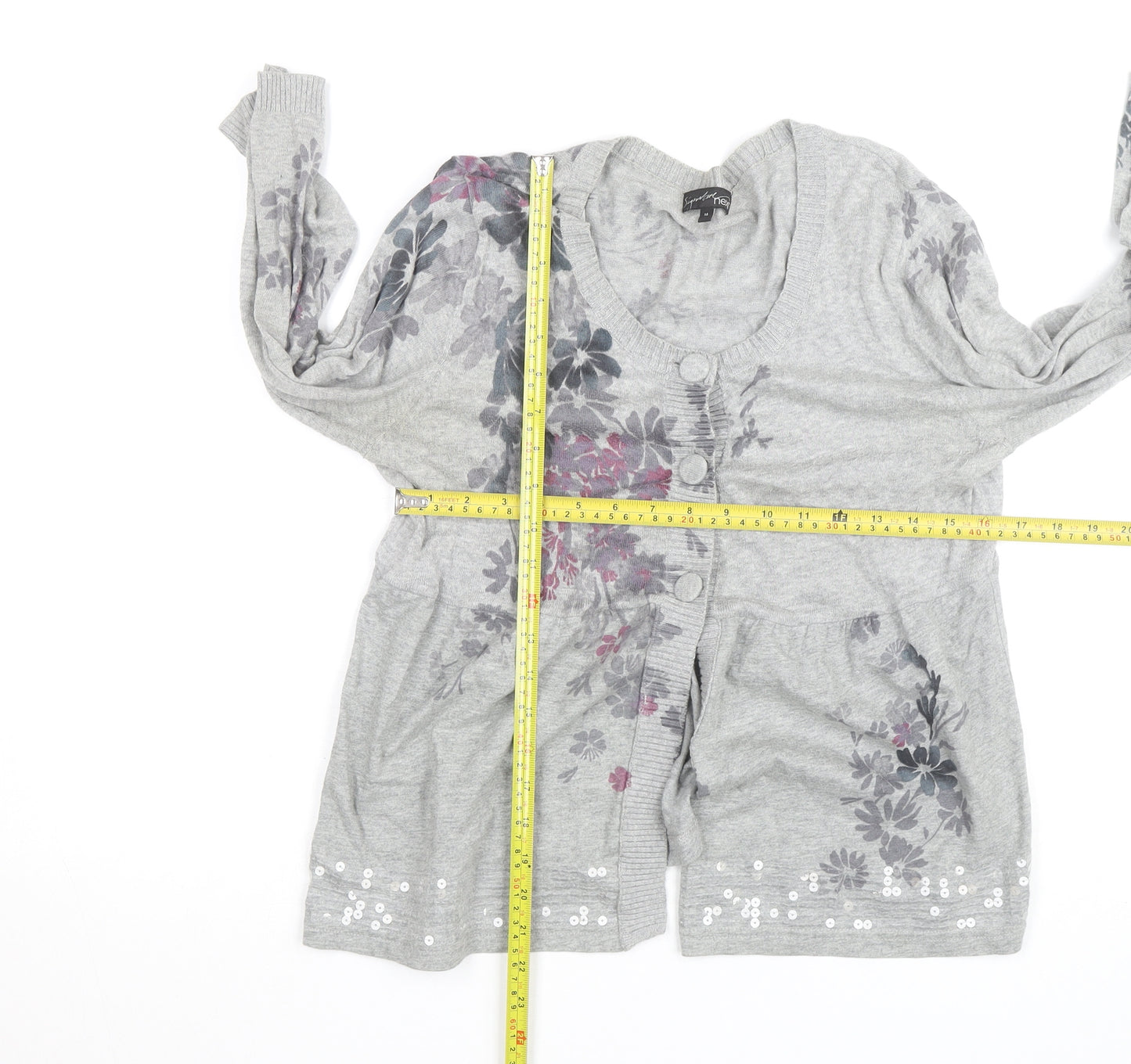 Next Women’s Grey Floral Sequin Cardigan Size 14 V-Neck Knit