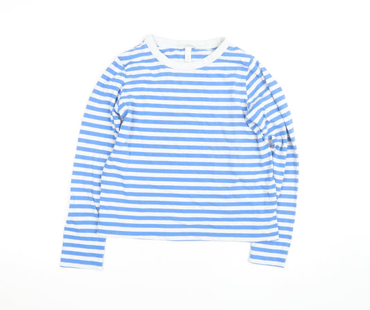 H&M Women Blue White Striped Long Sleeve Cotton T-Shirt XS