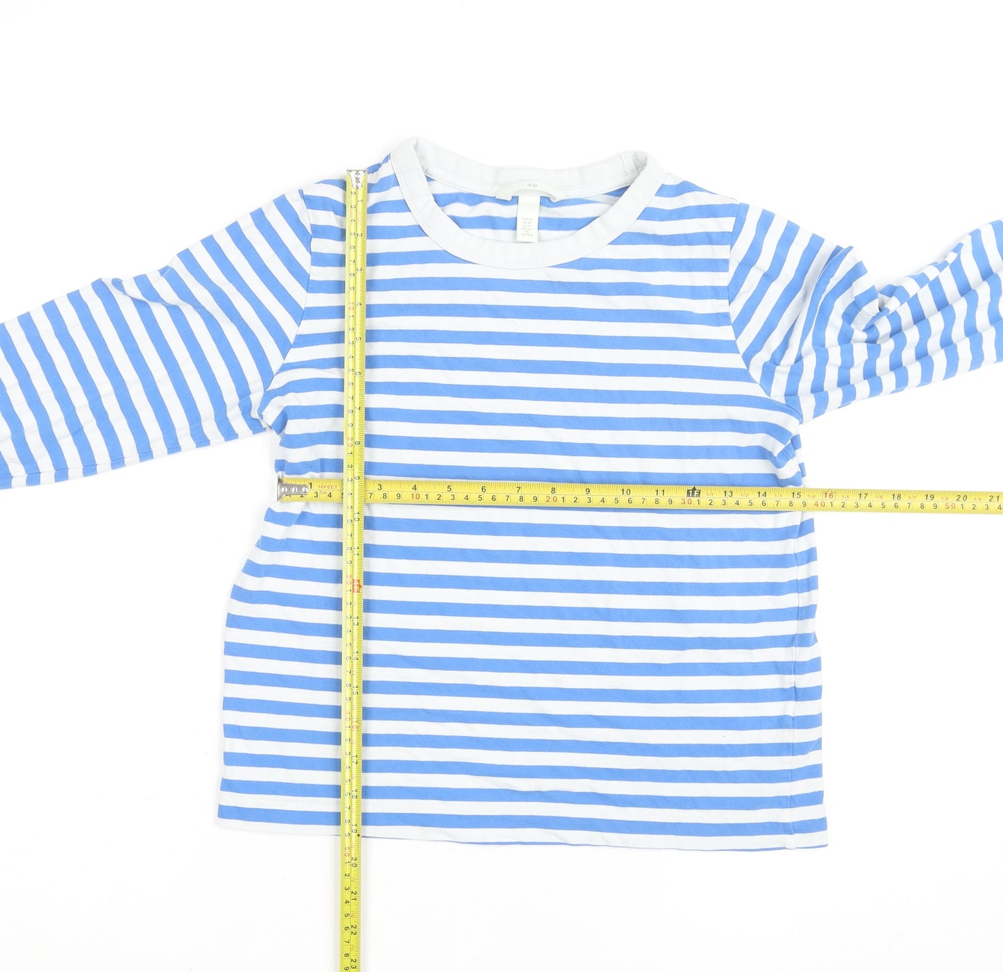 H&M Women Blue White Striped Long Sleeve Cotton T-Shirt XS