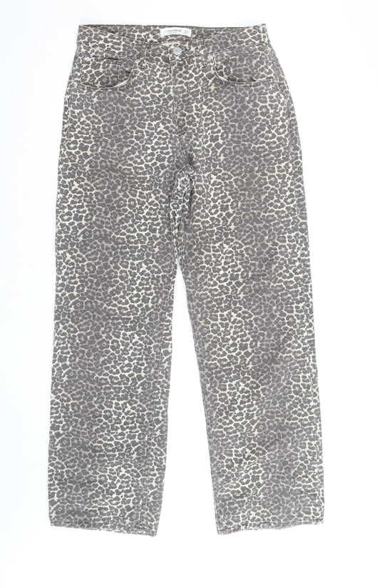Pull & Bear Women's Brown Leopard Print High Rise Straight Jeans Size 10