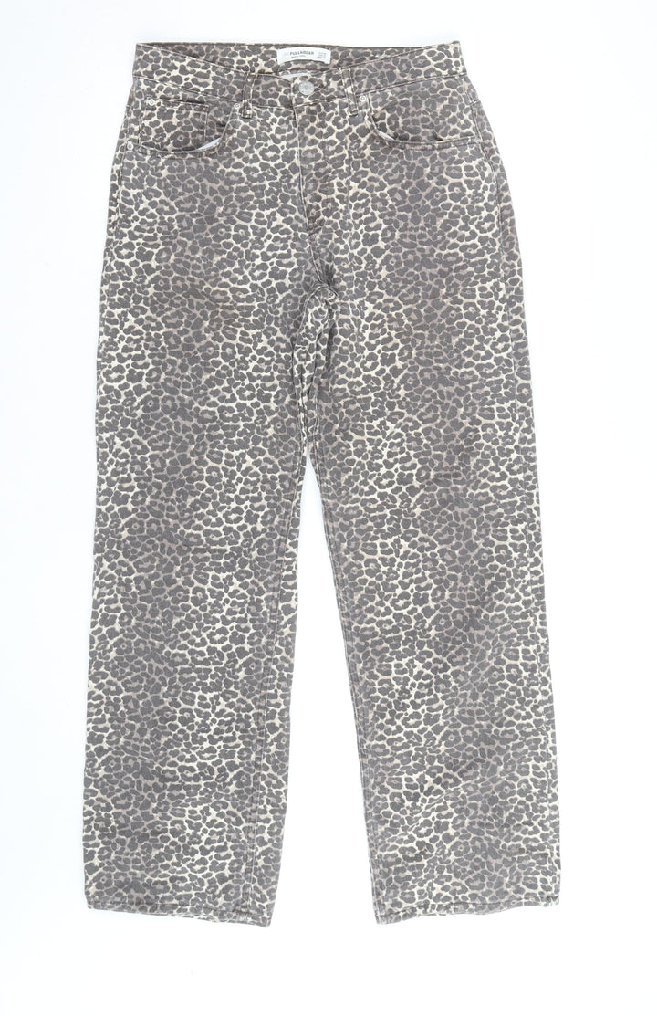 Pull & Bear Women's Brown Leopard Print High Rise Straight Jeans Size 10
