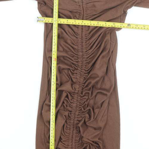 PrettyLittleThing Women’s Brown Off Shoulder Ruched Bodycon Mini Dress Size 14