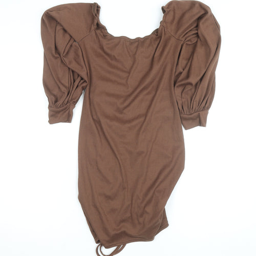 PrettyLittleThing Women’s Brown Off Shoulder Ruched Bodycon Mini Dress Size 14