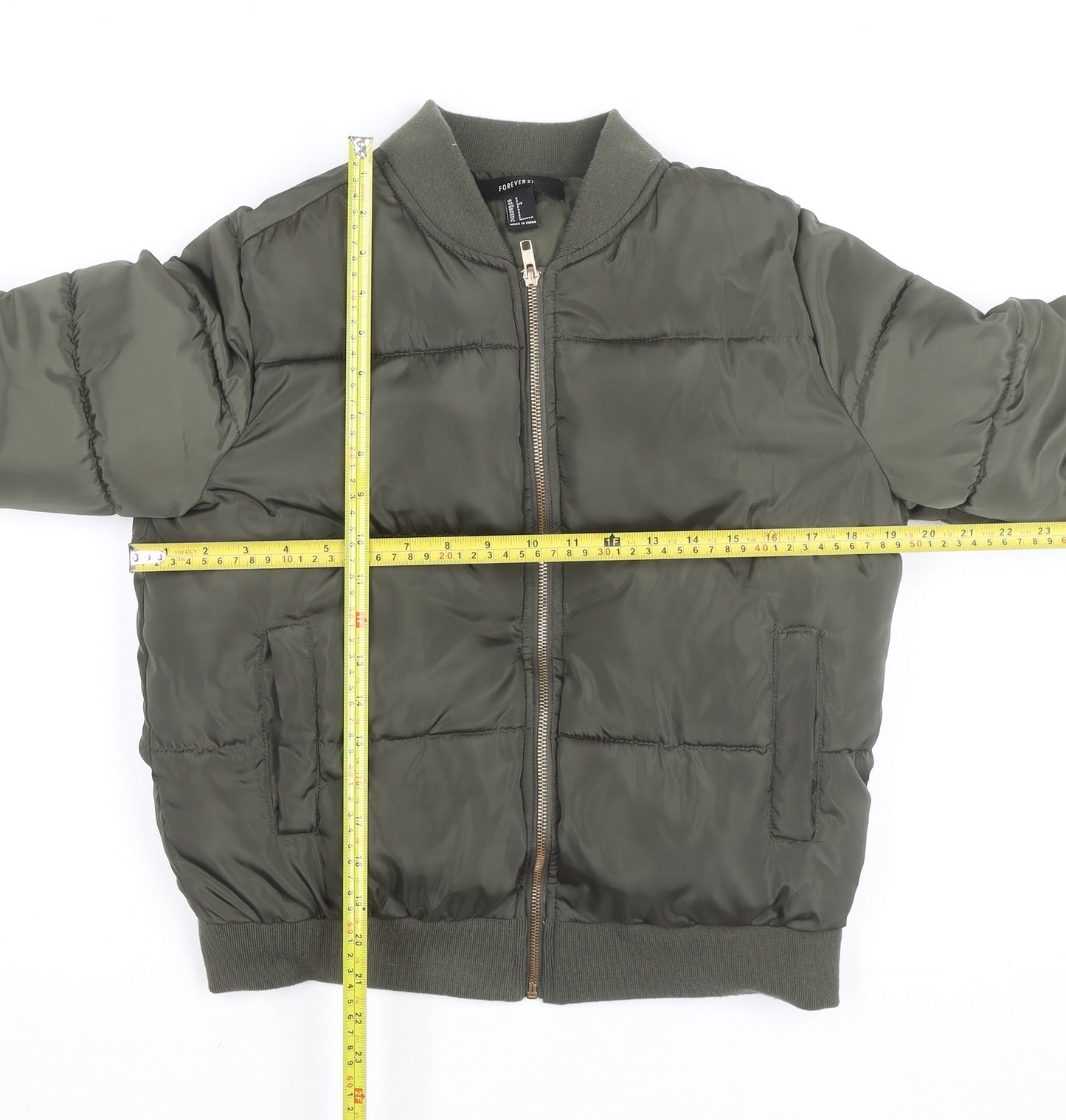 Forever 21 Women's Green Bomber Jacket Size S Casual Short Zip
