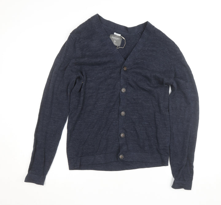 Springfield Men’s Blue Cotton Linen Cardigan M V-Neck Button Front