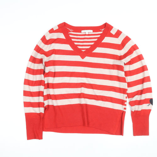 Next Womens Red Striped V-Neck Cotton Jumper Size S