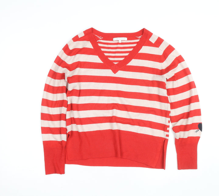 Next Womens Red Striped V-Neck Cotton Jumper Size S