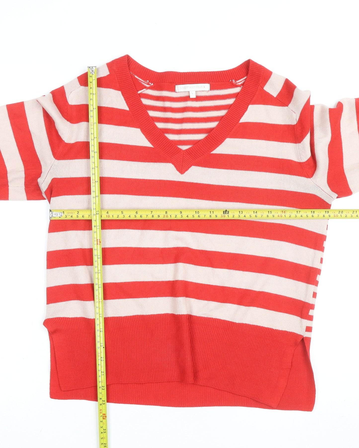 Next Womens Red Striped V-Neck Cotton Jumper Size S