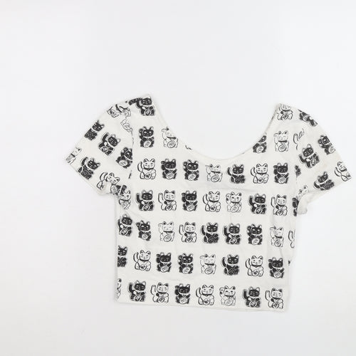 H&M Women’s White Cat Print Cropped T-Shirt Size 8