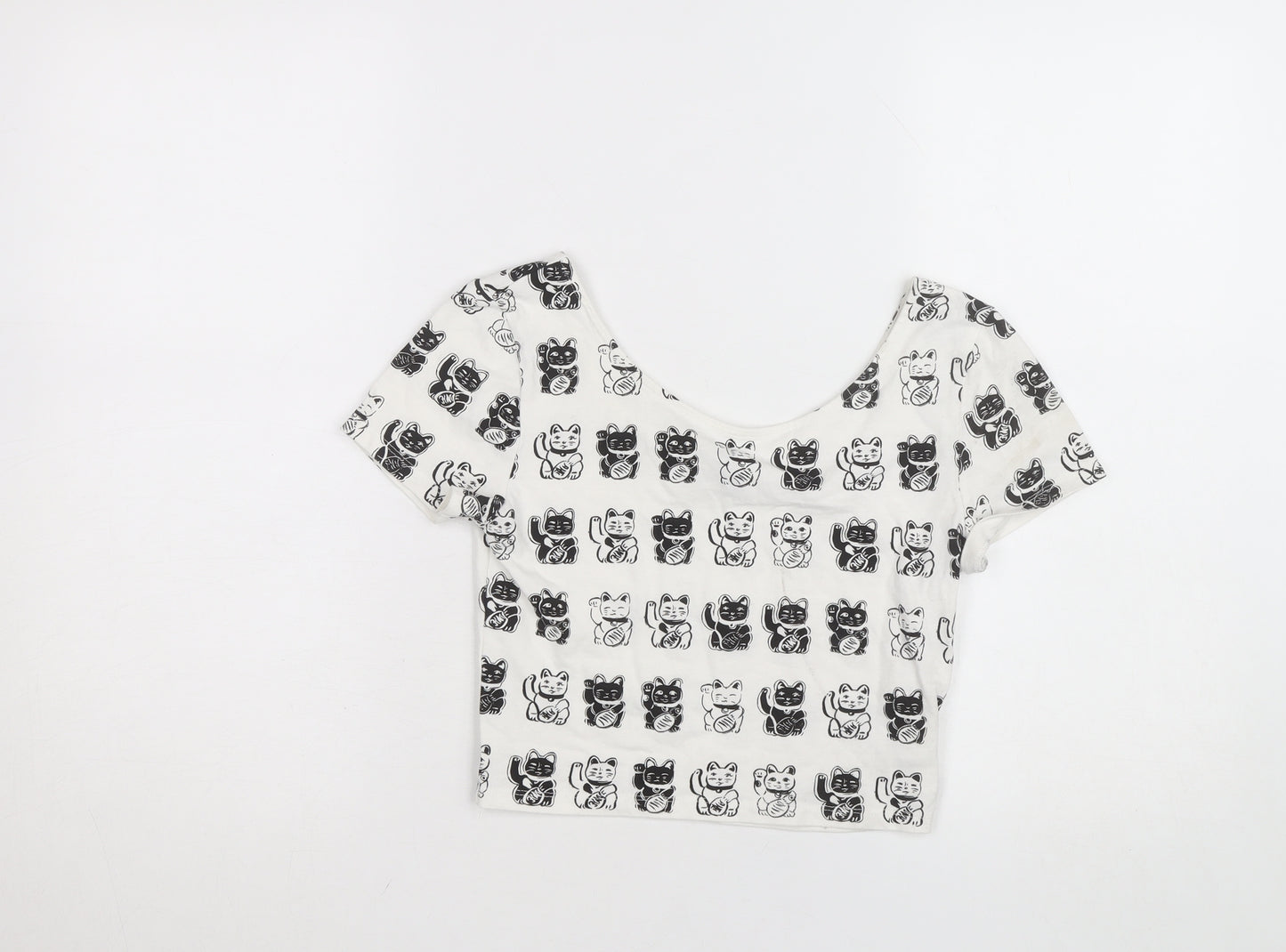H&M Women’s White Cat Print Cropped T-Shirt Size 8