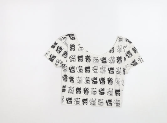 H&M Women’s White Cat Print Cropped T-Shirt Size 8