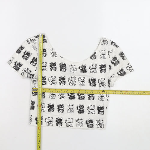 H&M Women’s White Cat Print Cropped T-Shirt Size 8